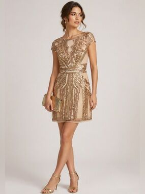 Verty Champagne/Gold Sequin Embellished Cap-Sleeve Art Deco Dress Size L